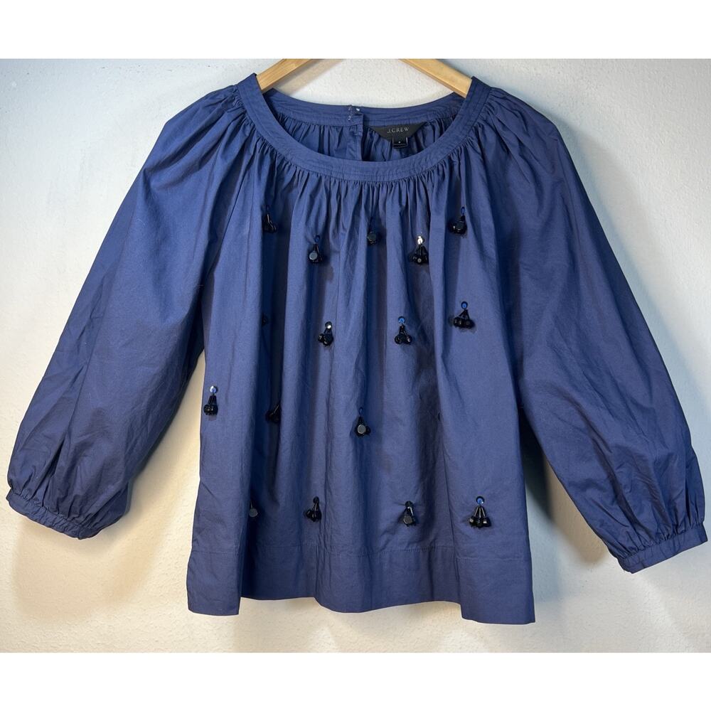 J. Crew Factory Navy Blue Embellished Peasant Blouse